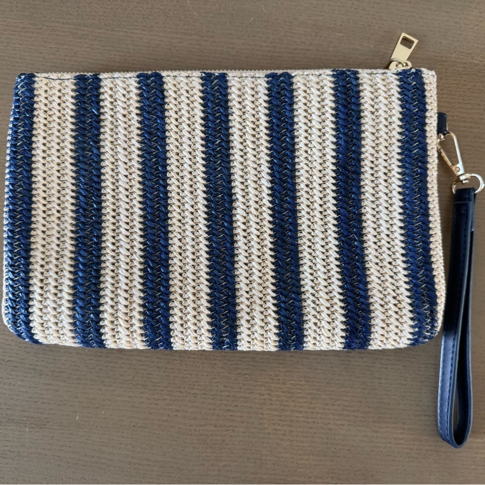 Madison West Blue and White Striped Clutch Zip Top Nautical Bag Wristlet Classic - Picture 2 of 3